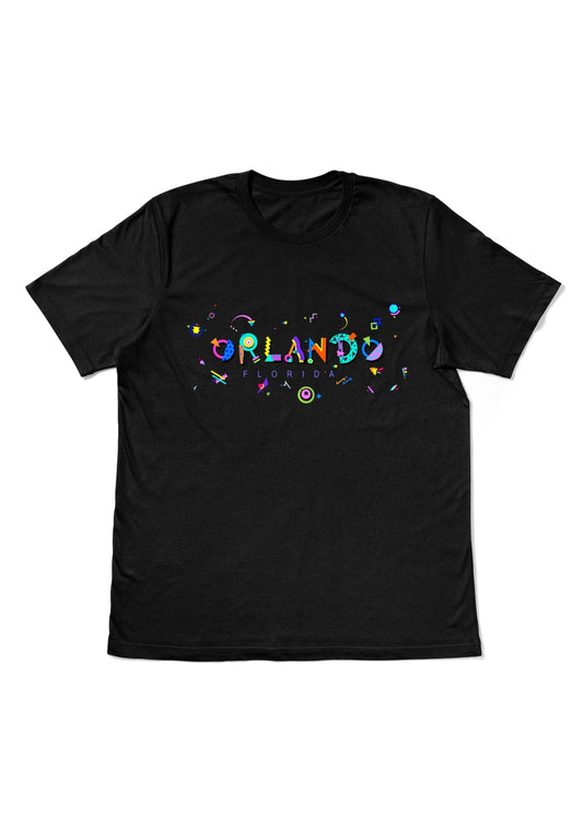 ORLANDO, FLORIDA, printed colorful Memphis style font black flat tee