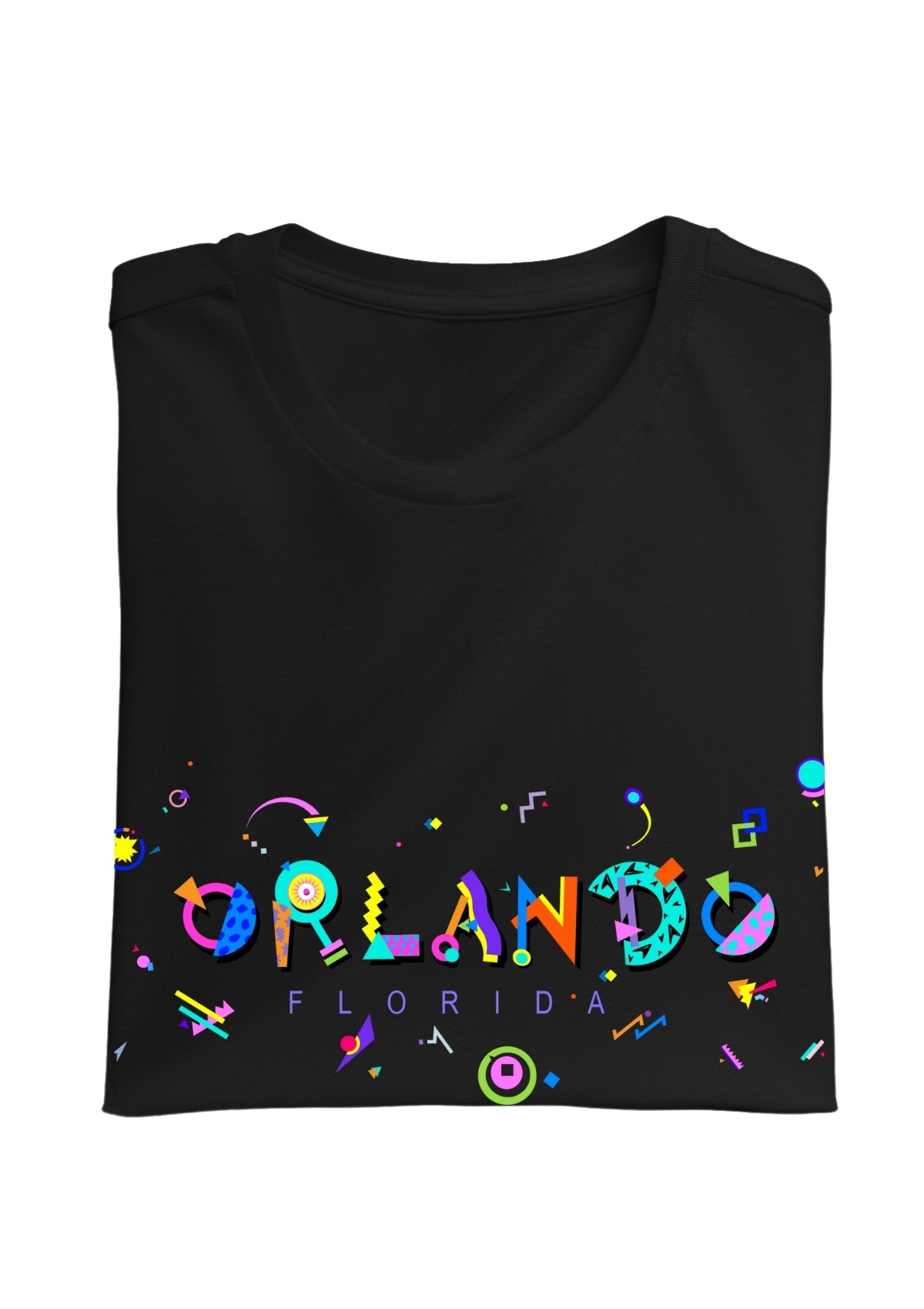 ORLANDO, FLORIDA, printed colorful Memphis font black folded tee