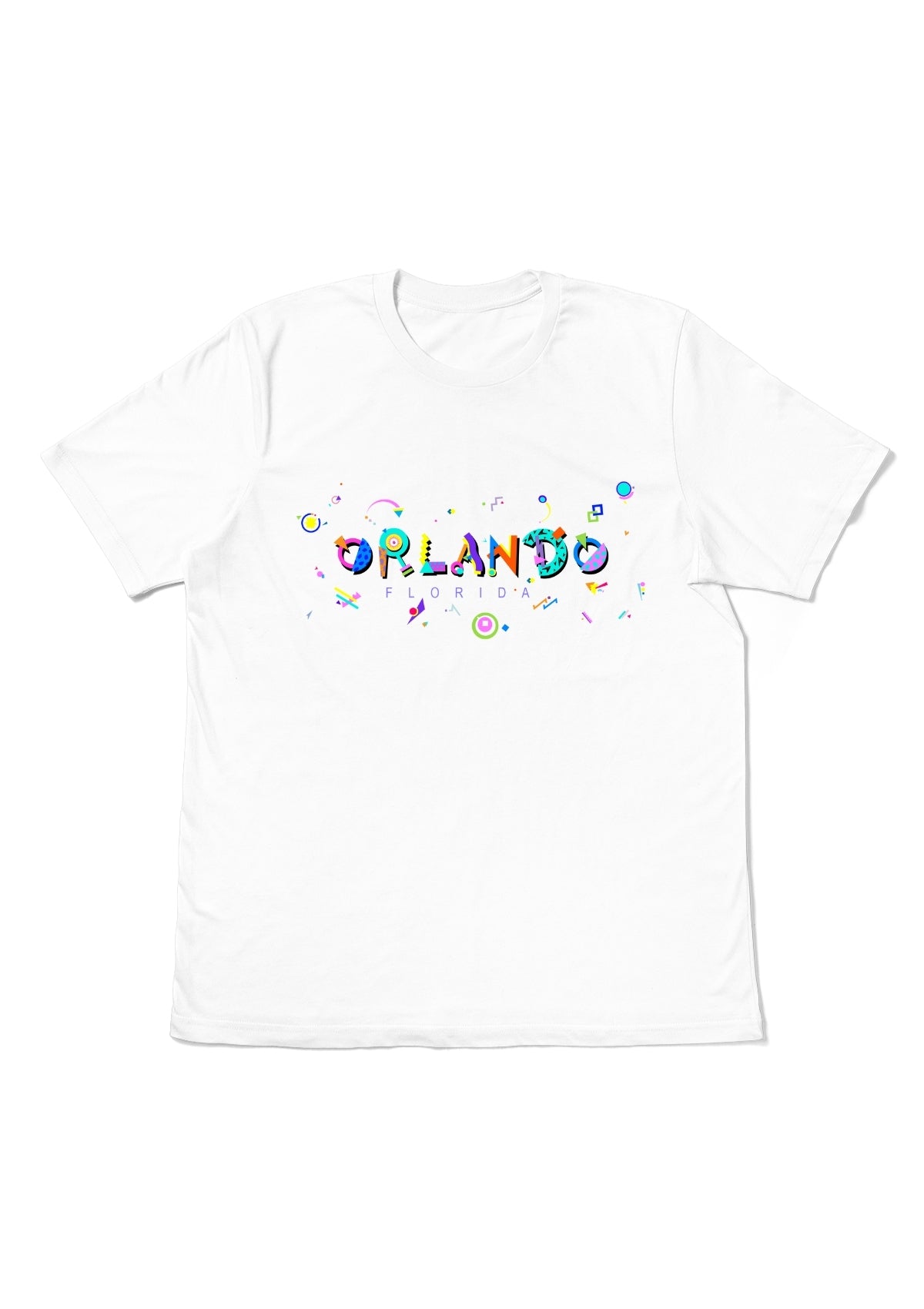 ORLANDO, FLORIDA, printed colorful Memphis font white flat tee