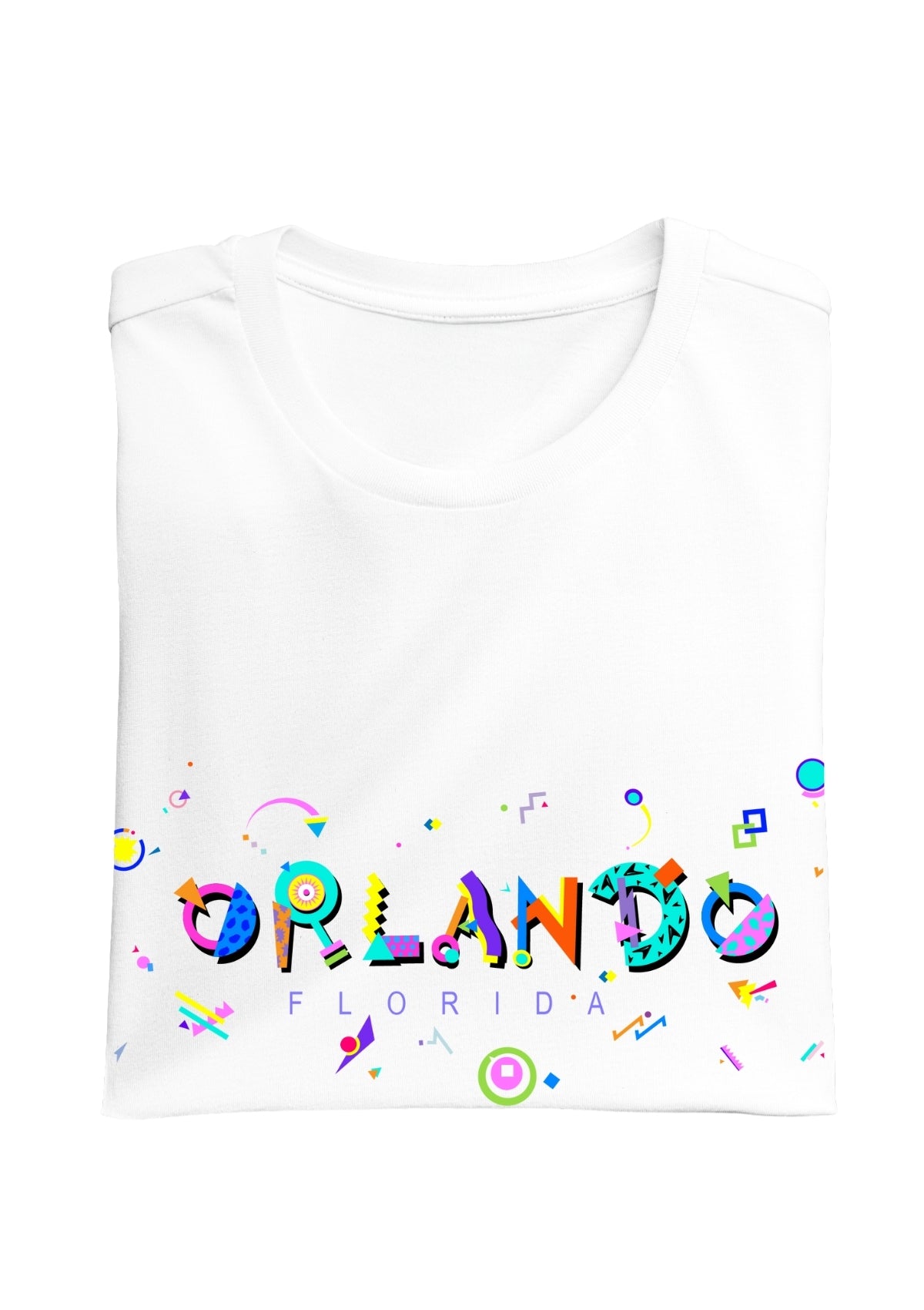 ORLANDO, FLORIDA, colorful Memphis Style Font on white folded tee