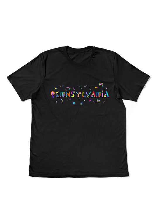 PENNSYLVANIA, printed colorful Memphis style font black flat tee