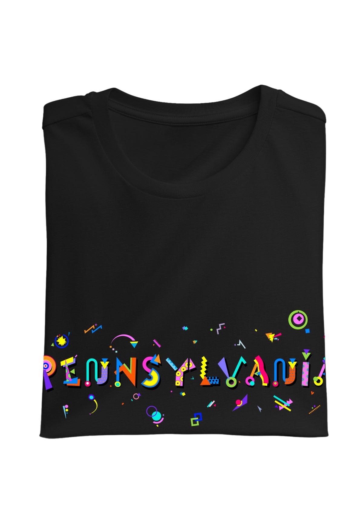 PENNSYLVANIA, printed colorful Memphis font black folded tee