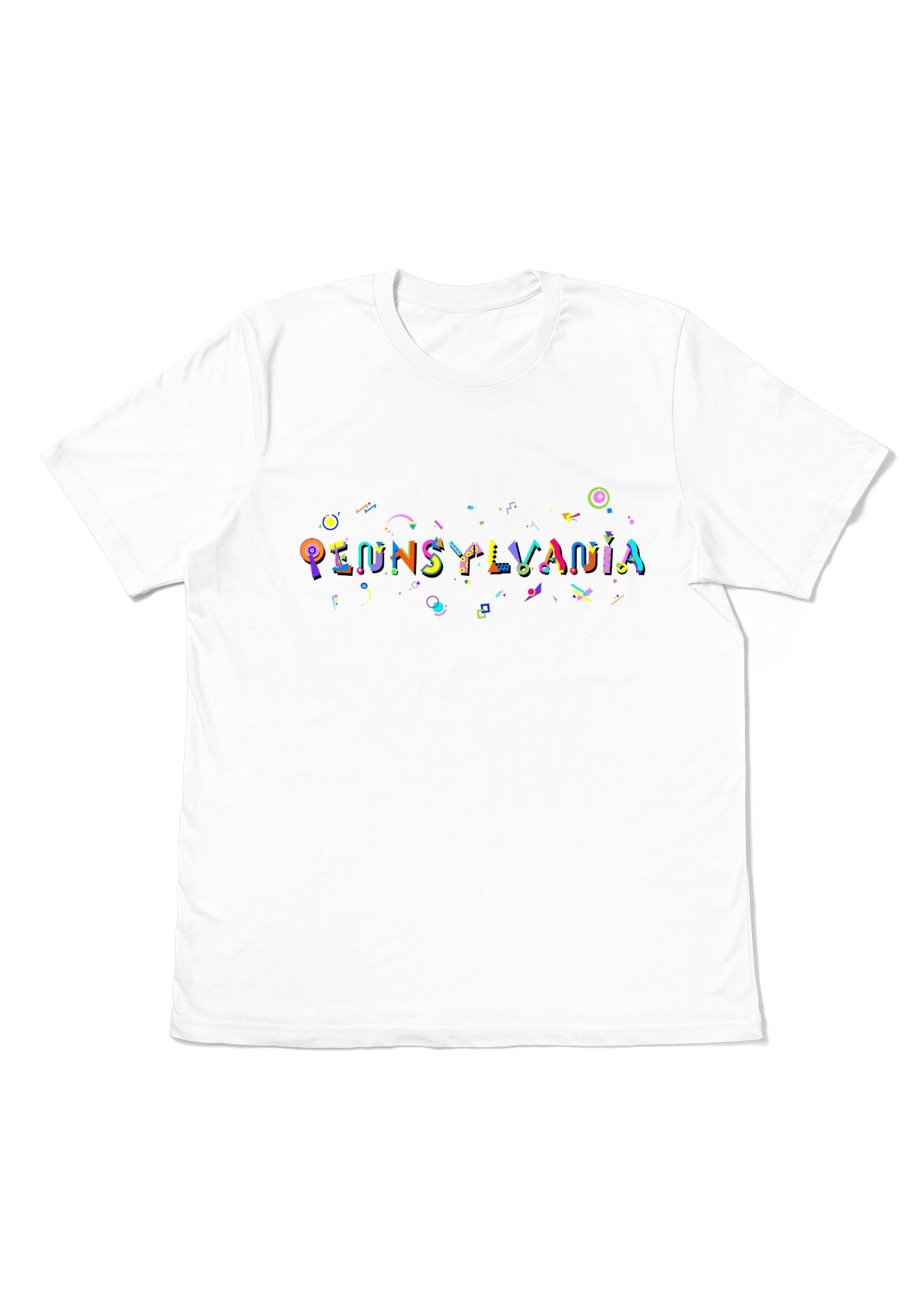 PENNSYLVANIA, printed colorful Memphis font white flat tee