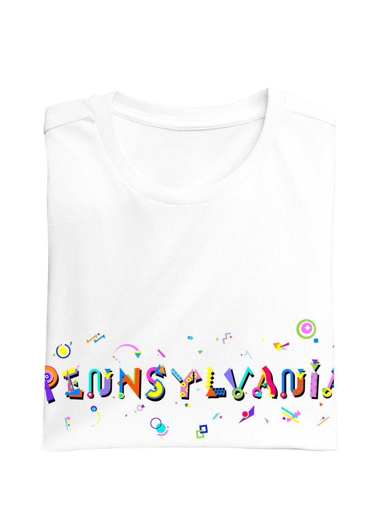 PENNSYLVANIA printed in colorful letters - Memphis style fonts - white-folded-tee