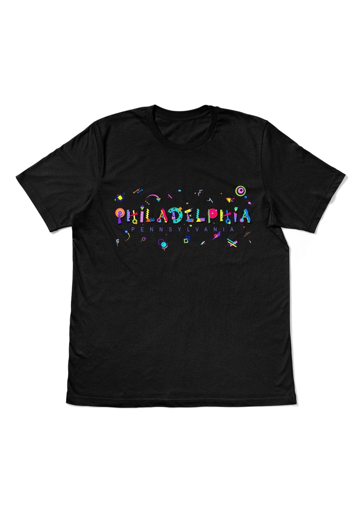 PHILADELPHIA, PENNSYLVANIA, printed colorful Memphis style font black flat tee