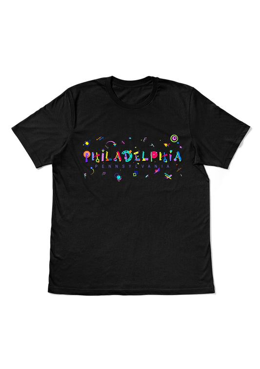 PHILADELPHIA, PENNSYLVANIA, printed colorful Memphis style font black flat tee