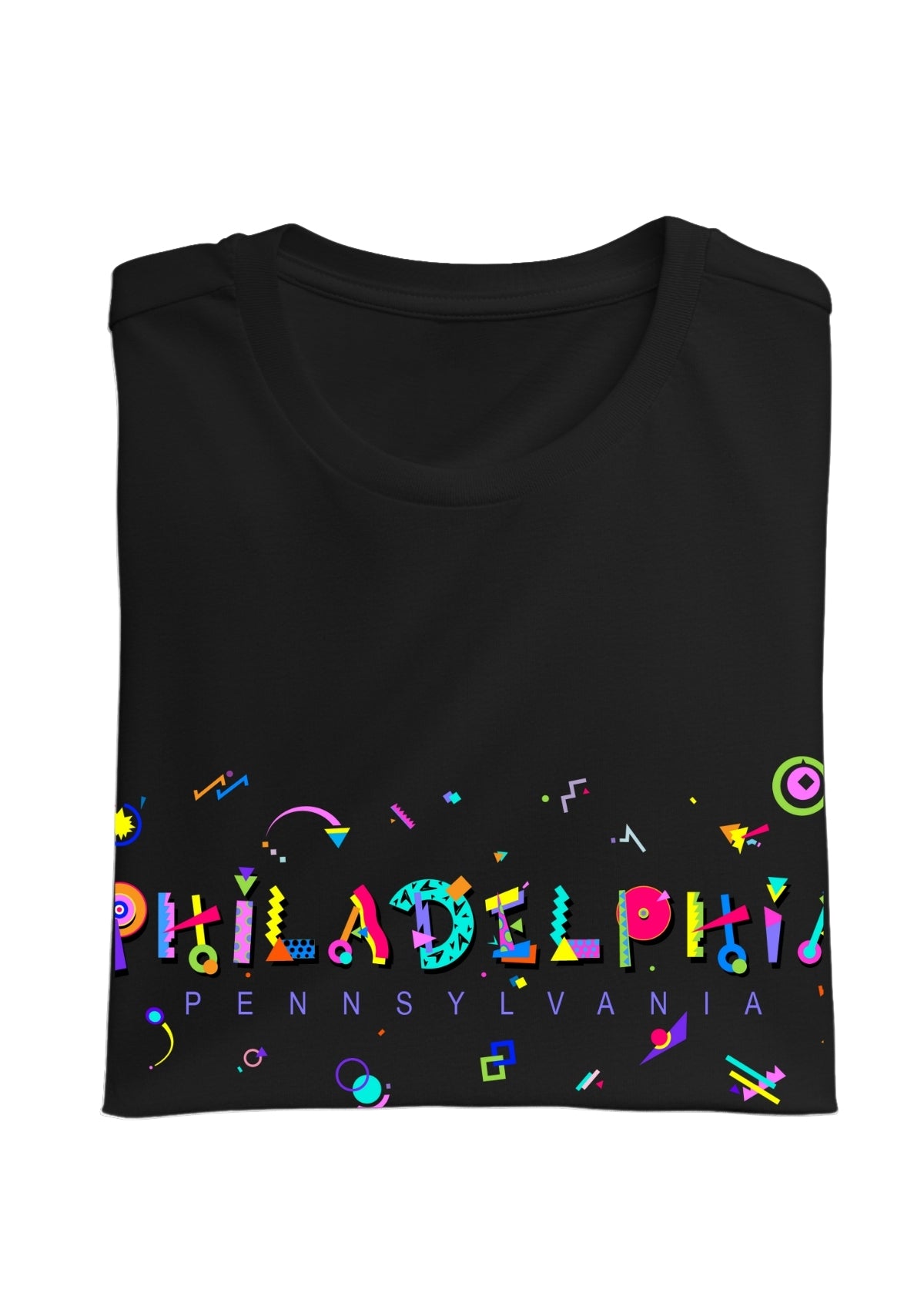 PHILADELPHIA, PENNSYLVANIA,, printed colorful Memphis font black folded tee