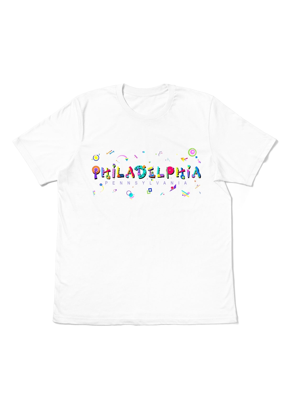 PHILADELPHIA, PENNSYLVANIA, printed colorful Memphis font white flat tee