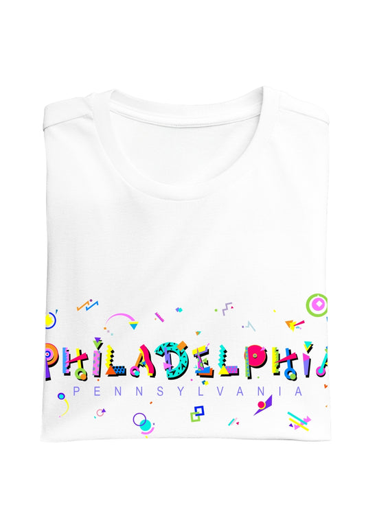 PHILADELPHIA, PENNSYLVANIA, colorful Memphis Style Font on white folded tee