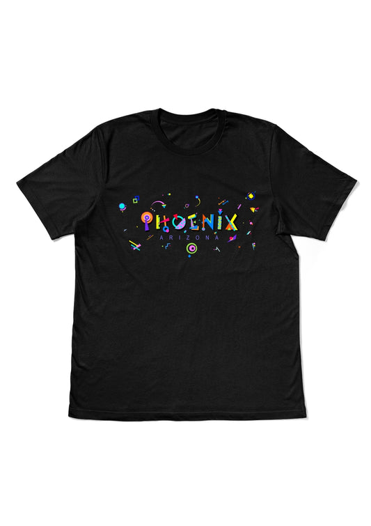 PHOENIX, ARIZONA, printed colorful Memphis style font black flat tee