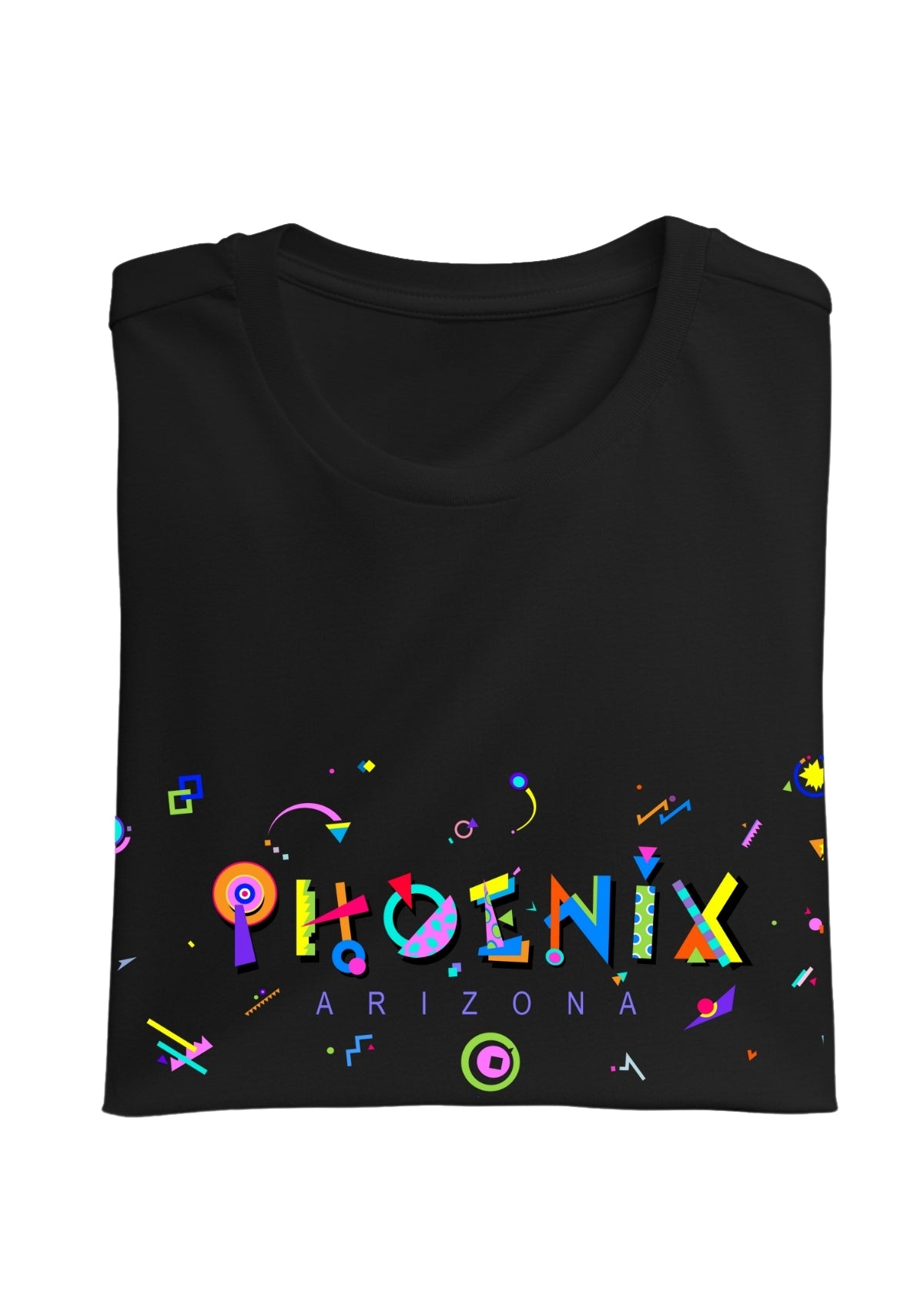 PHOENIX, ARIZONA, printed colorful Memphis font black folded tee