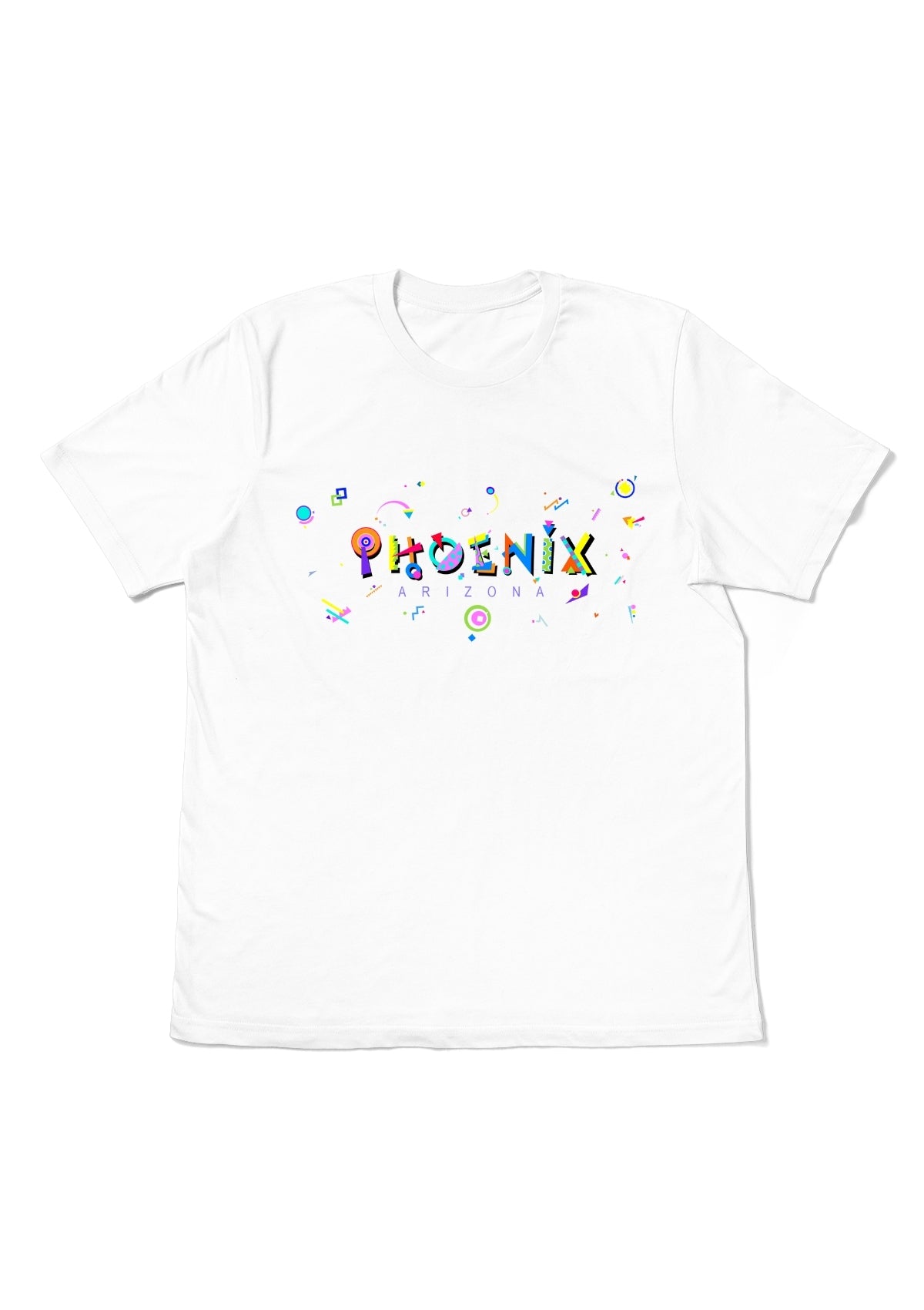 PHOENIX, ARIZONA, printed colorful Memphis font white flat tee