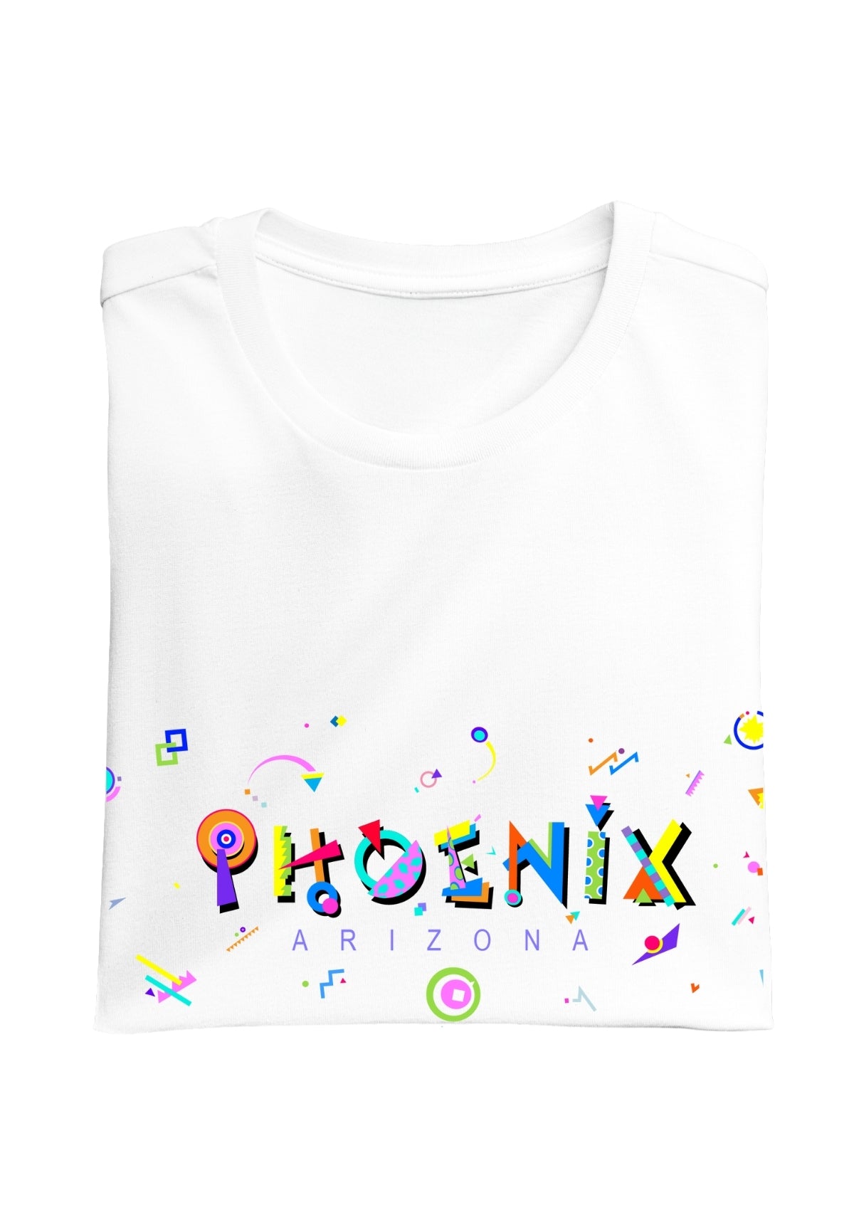 PHOENIX, ARIZONA, colorful Memphis Style Font on white folded tee