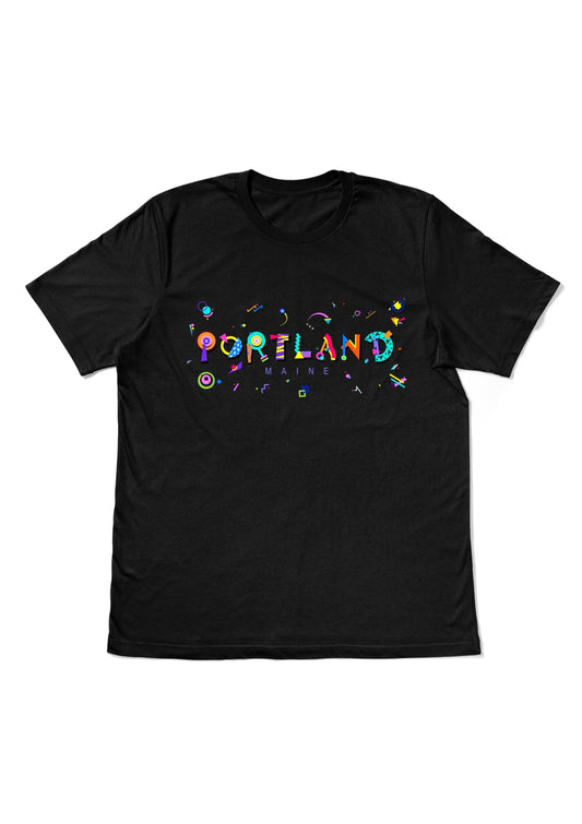 PORTLAND, MAINE, printed colorful Memphis style font black flat tee