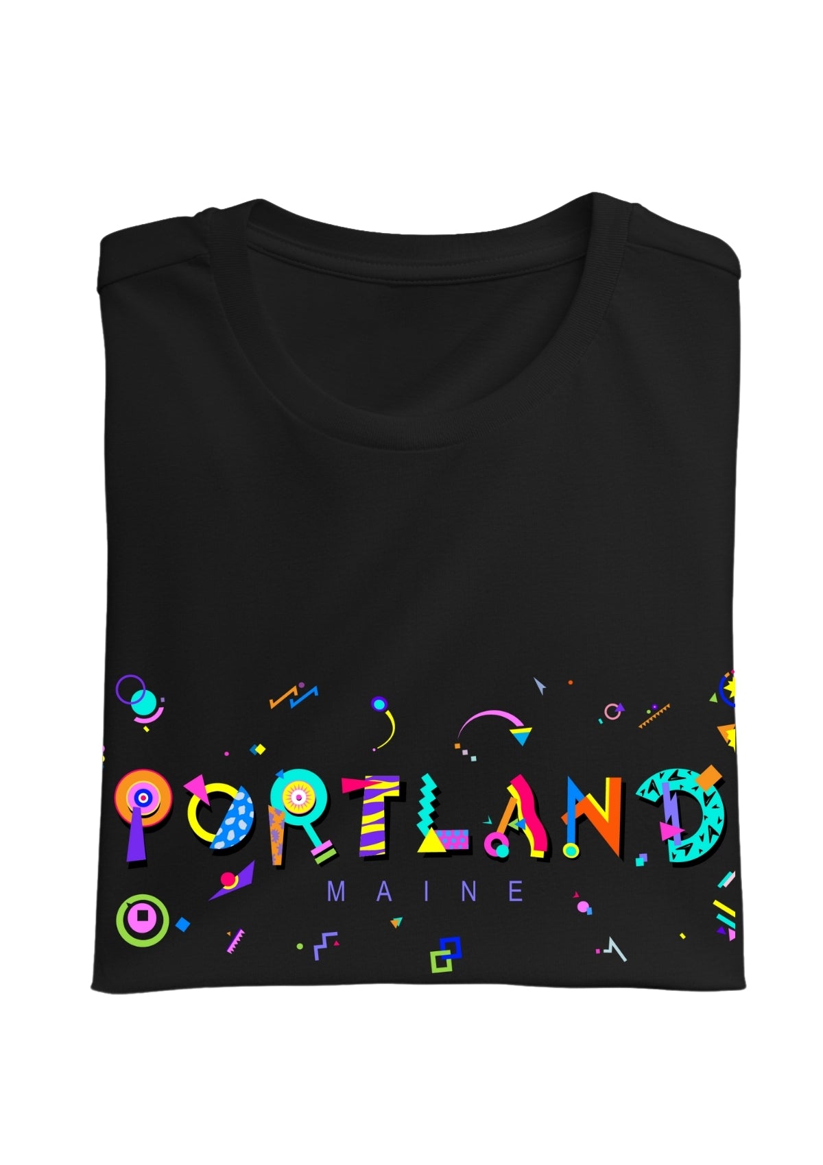 PORTLAND, MAINE, printed colorful Memphis font black folded tee