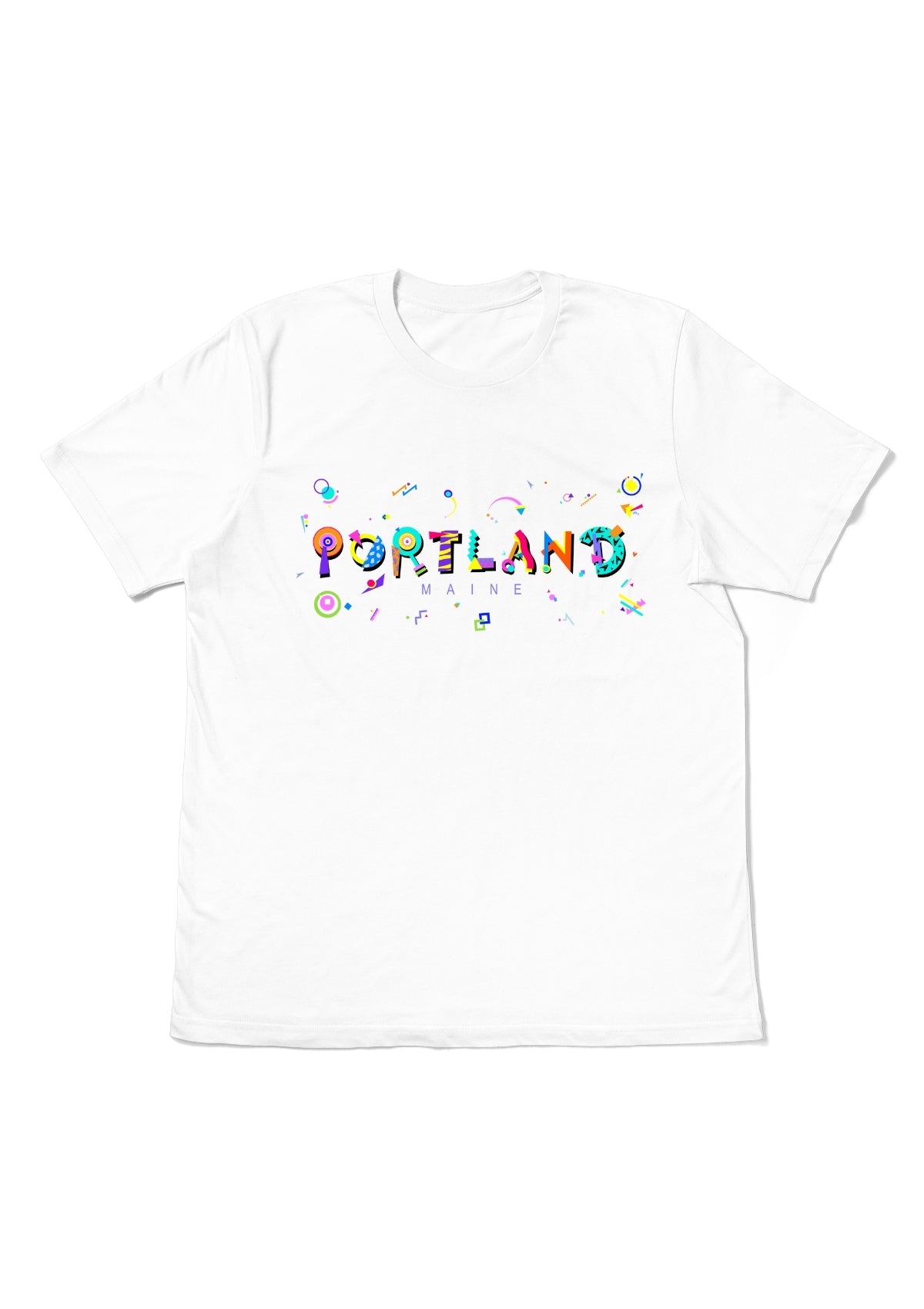PORTLAND, MAINE, printed colorful Memphis font white flat tee