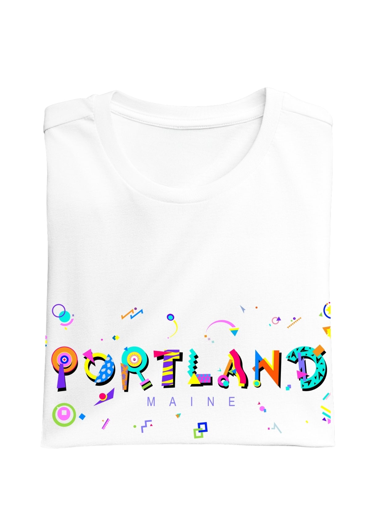 PORTLAND, MAINE, colorful Memphis Style Font on white folded tee