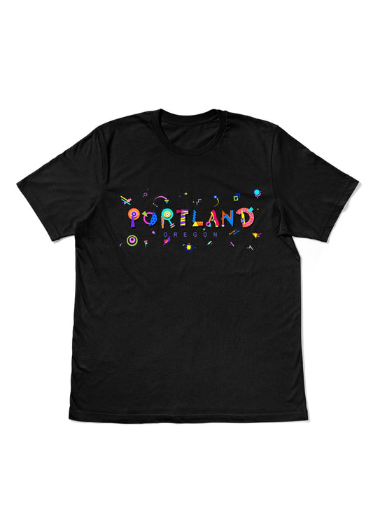 PORTLAND, OREGON, printed colorful Memphis style font black flat tee