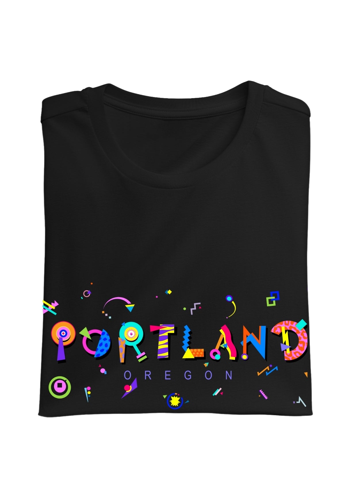 PORTLAND, OREGON, printed colorful Memphis font black folded tee