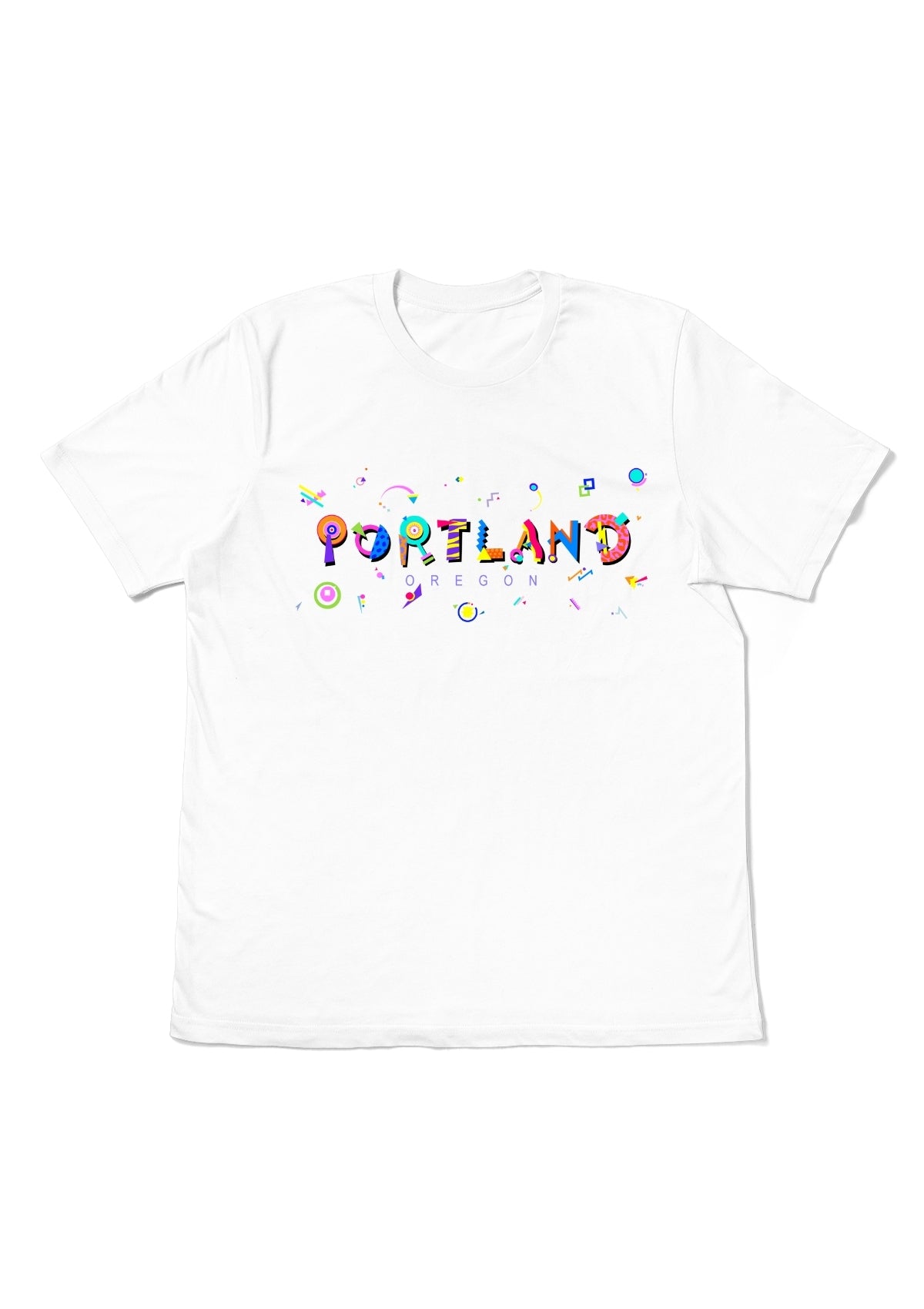 PORTLAND, OREGON, printed colorful Memphis font white flat tee