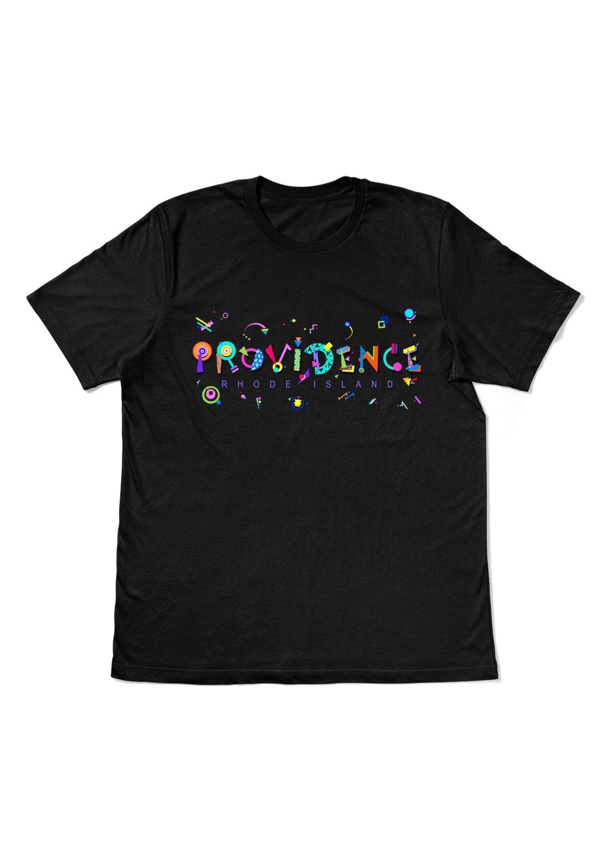 PROVIDENCE, RHODE ISLAND, printed colorful Memphis style font black flat tee