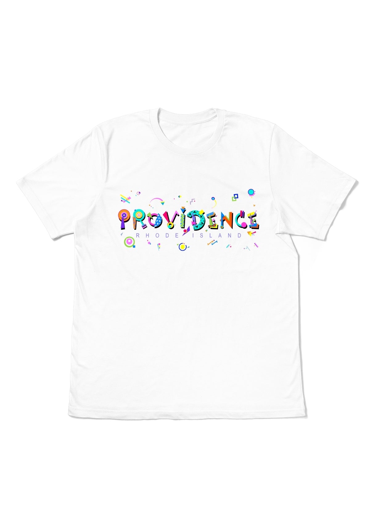 PROVIDENCE, RHODE ISLAND, printed colorful Memphis font white flat tee