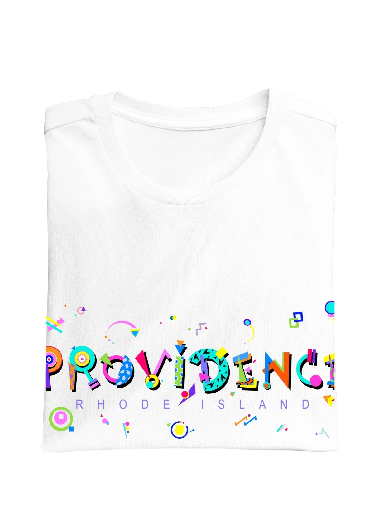 PROVIDENCE, RHODE ISLAND, colorful Memphis Style Font on white folded tee