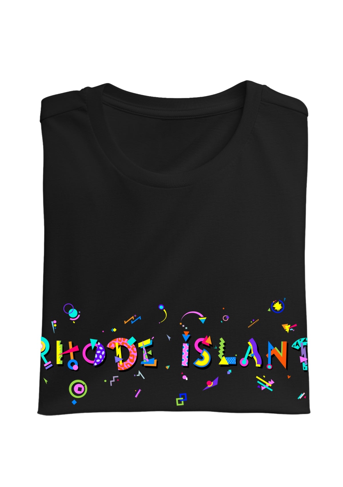 RHODE ISLAND, printed colorful Memphis font black folded tee
