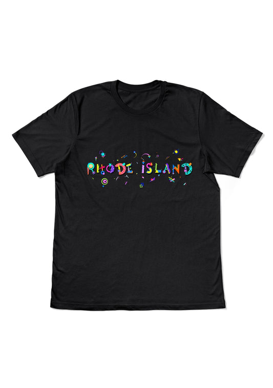 RHODE ISLAND, printed colorful Memphis style font black flat tee