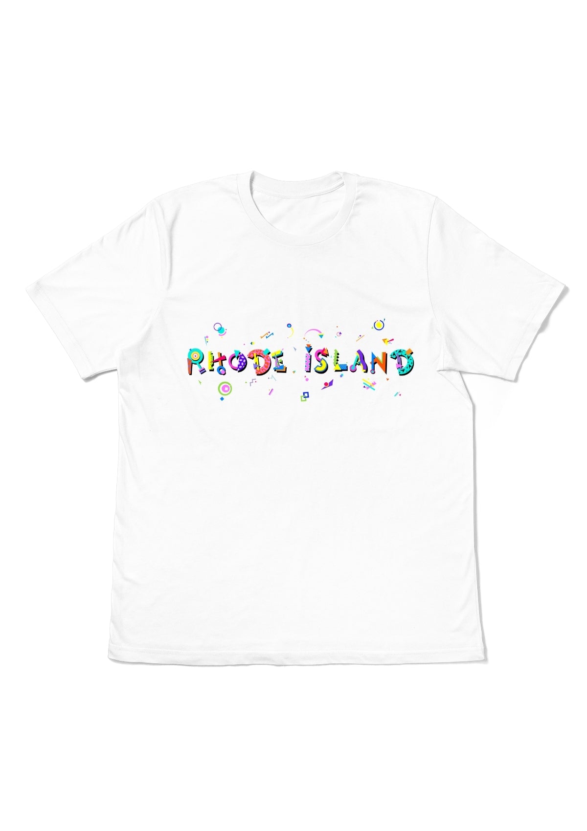 RHODE ISLAND, printed colorful Memphis font white flat tee