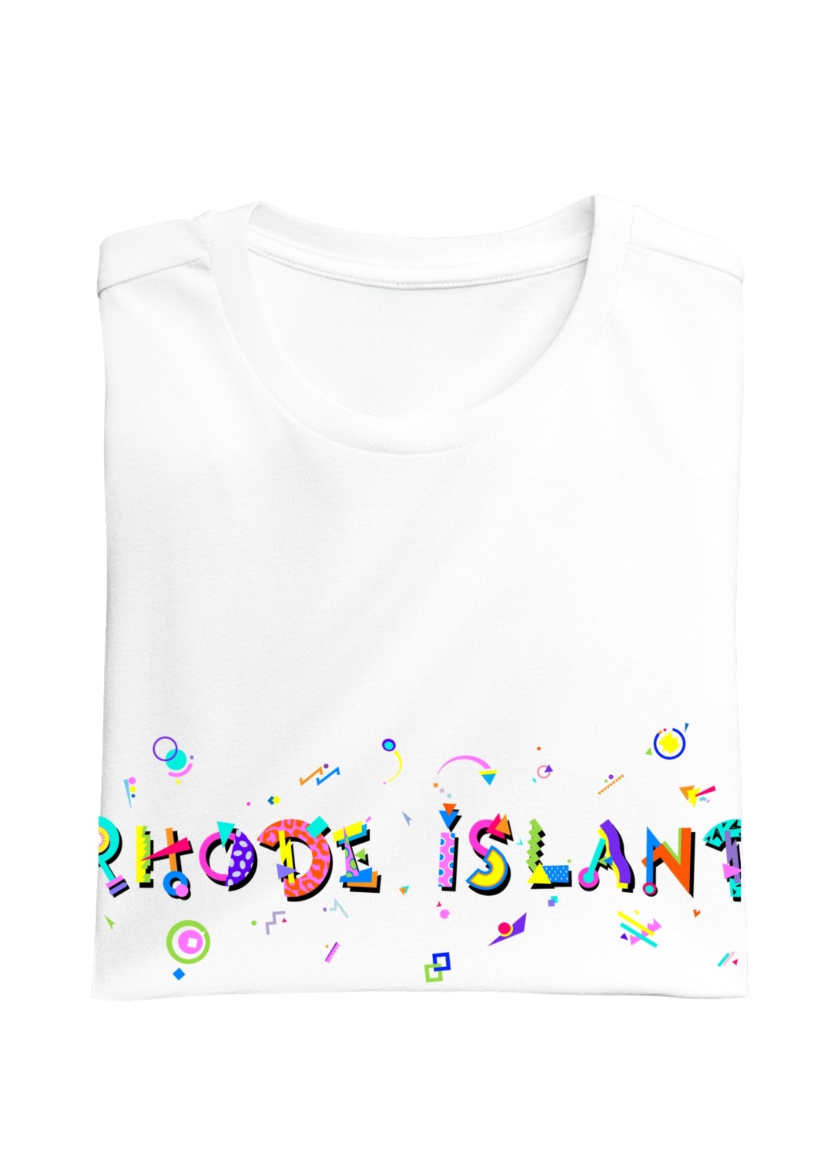 RHODE ISLAND printed in colorful letters - Memphis style fonts - white-folded-tee