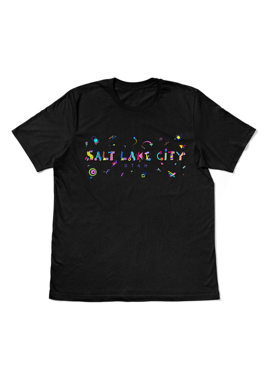 SALT LAKE CITY, UTAH, printed colorful Memphis style font black flat tee