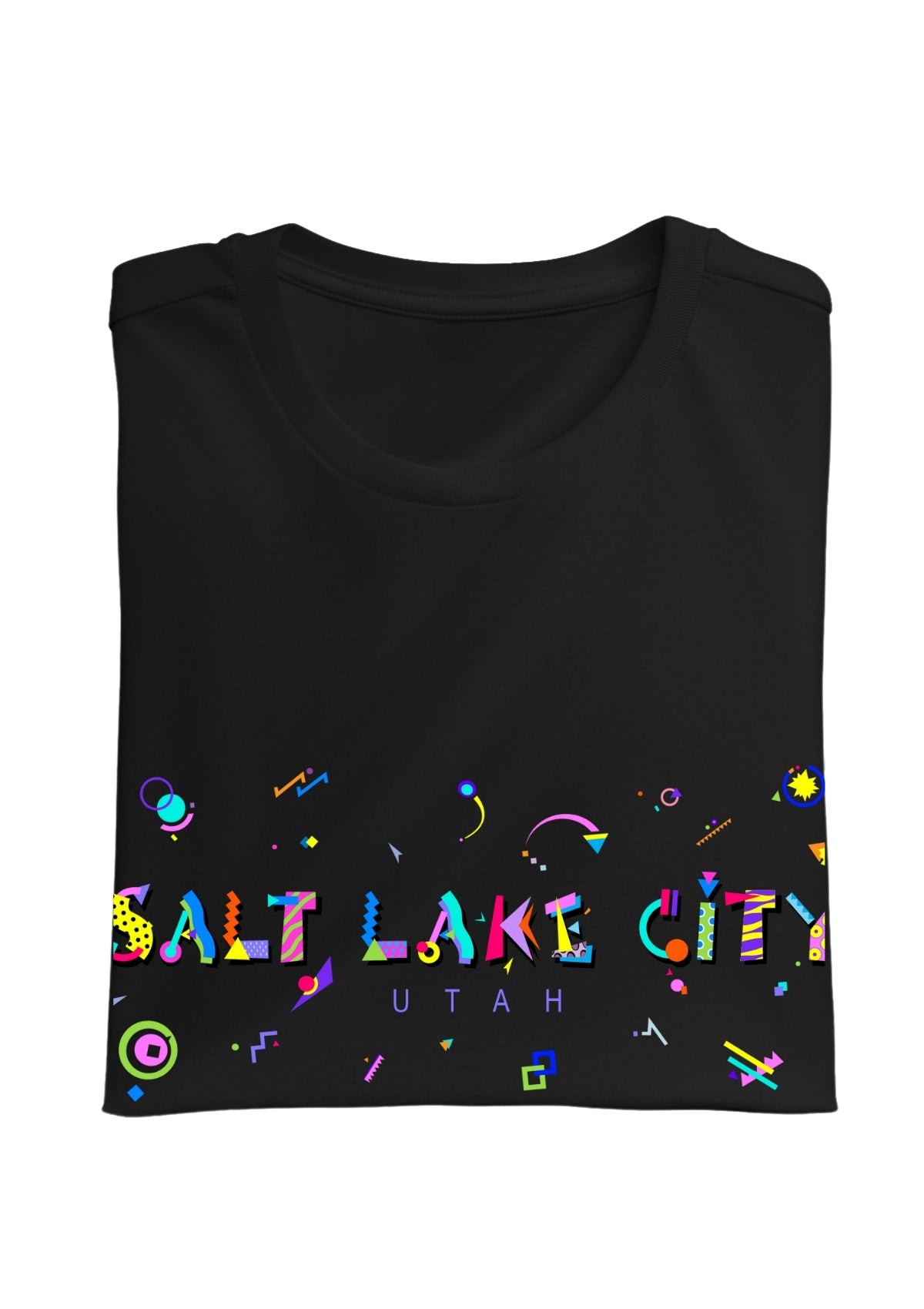 SALT LAKE CITY, UTAH, printed colorful Memphis font black folded tee
