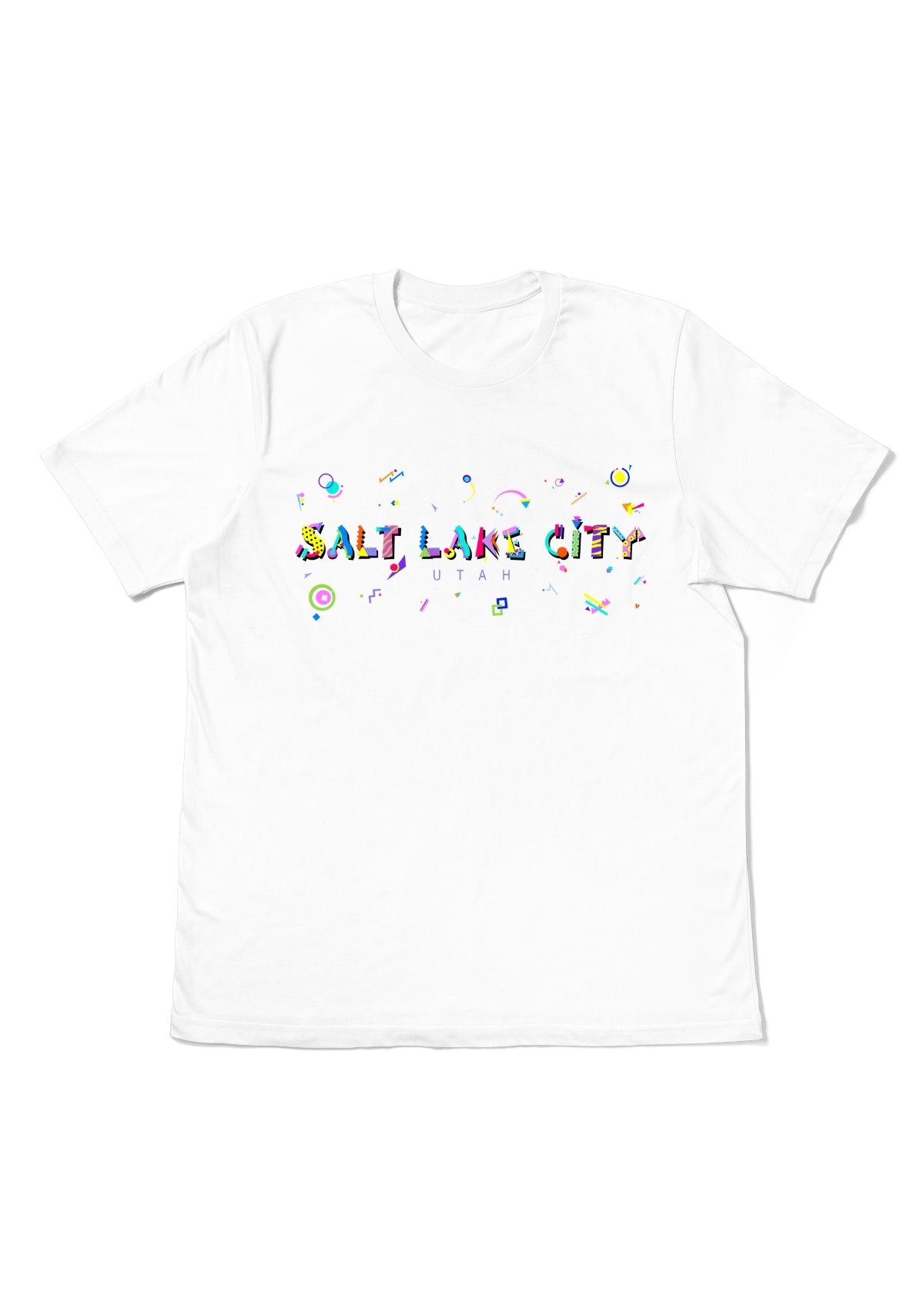 SALT LAKE CITY, UTAH, printed colorful Memphis font white flat tee