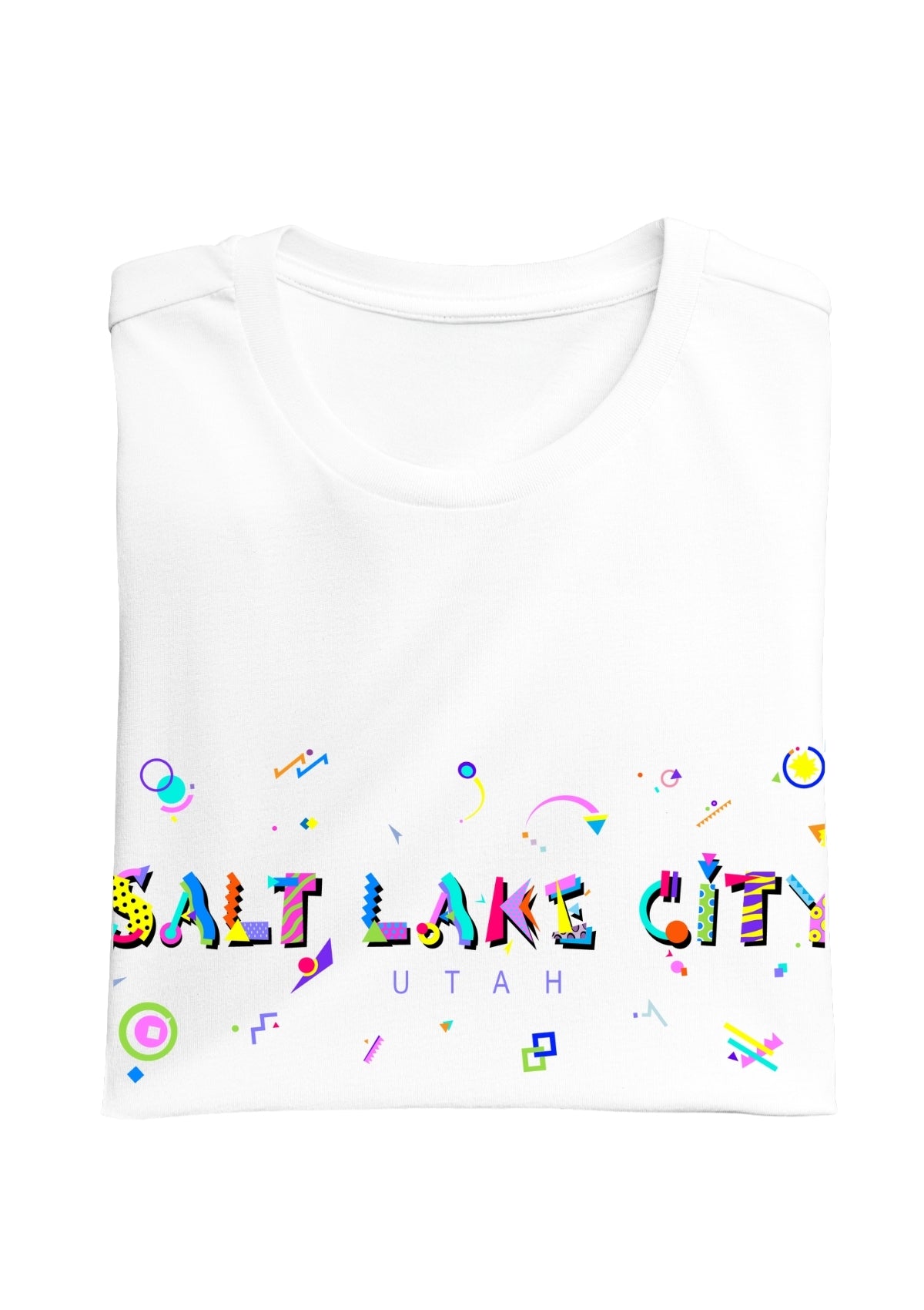 SALT LAKE CITY, UTAH, colorful Memphis Style Font on white folded tee