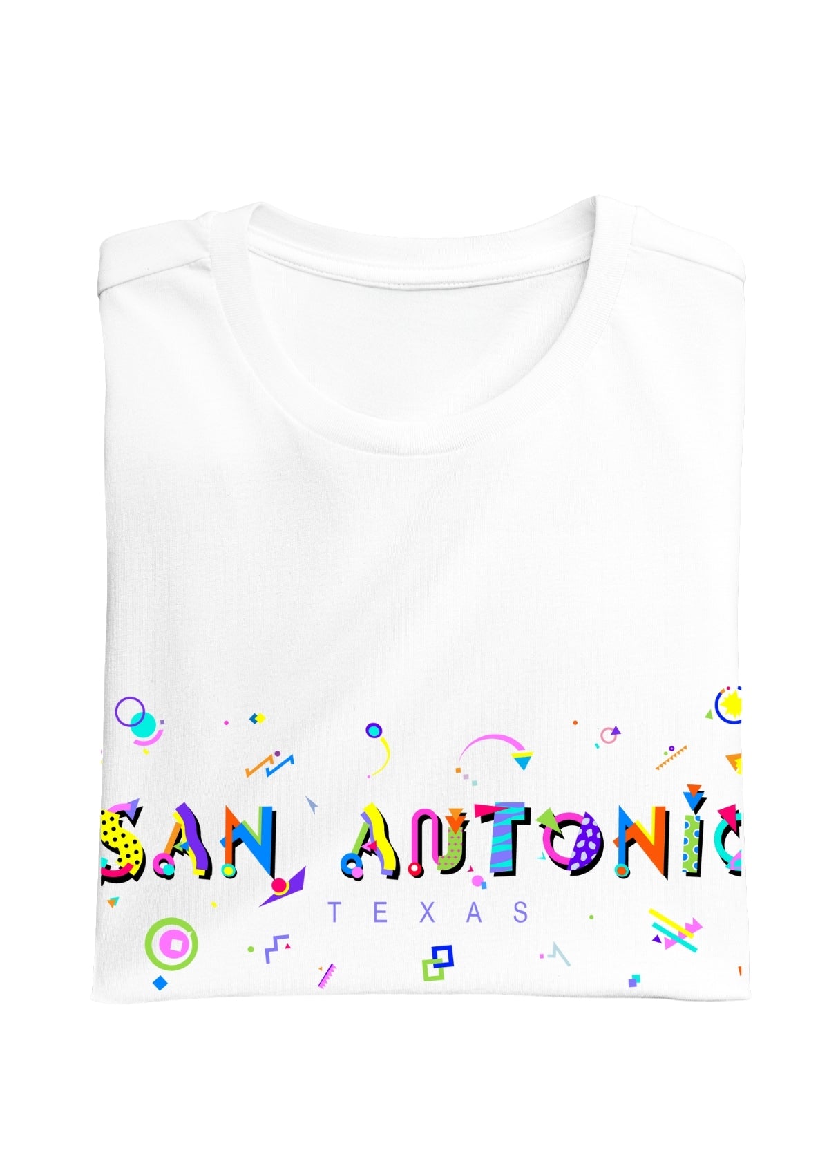 SAN ANTONIA, TEXAS, colorful Memphis Style Font on white folded tee