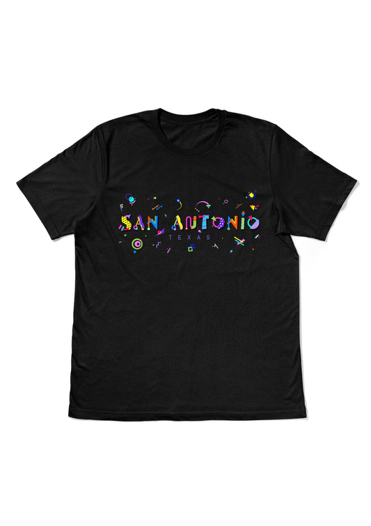 SAN ANTONIO, TEXAS, printed colorful Memphis style font black flat tee