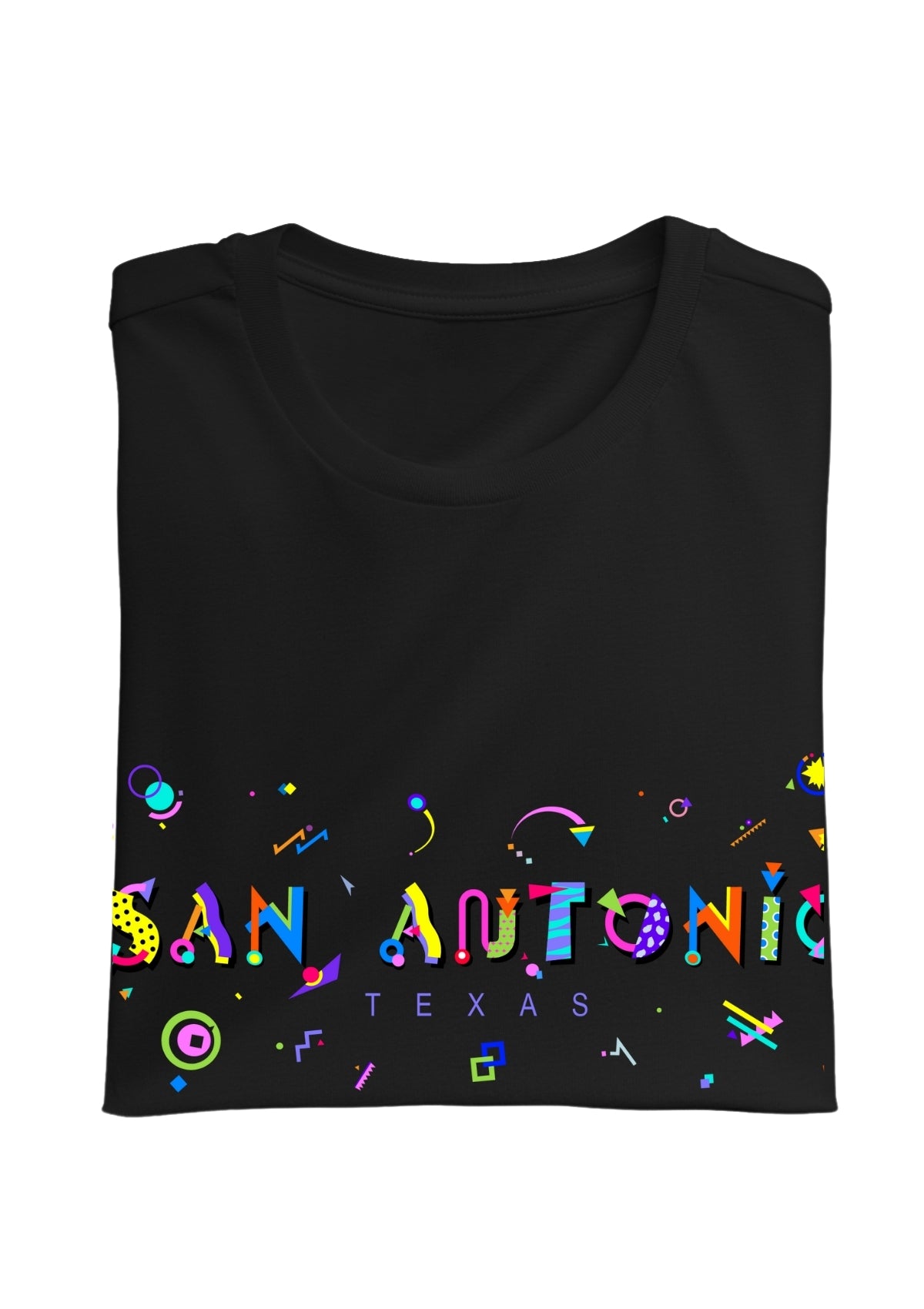 SAN ANTONIA, TEXAS, printed colorful Memphis font black folded tee