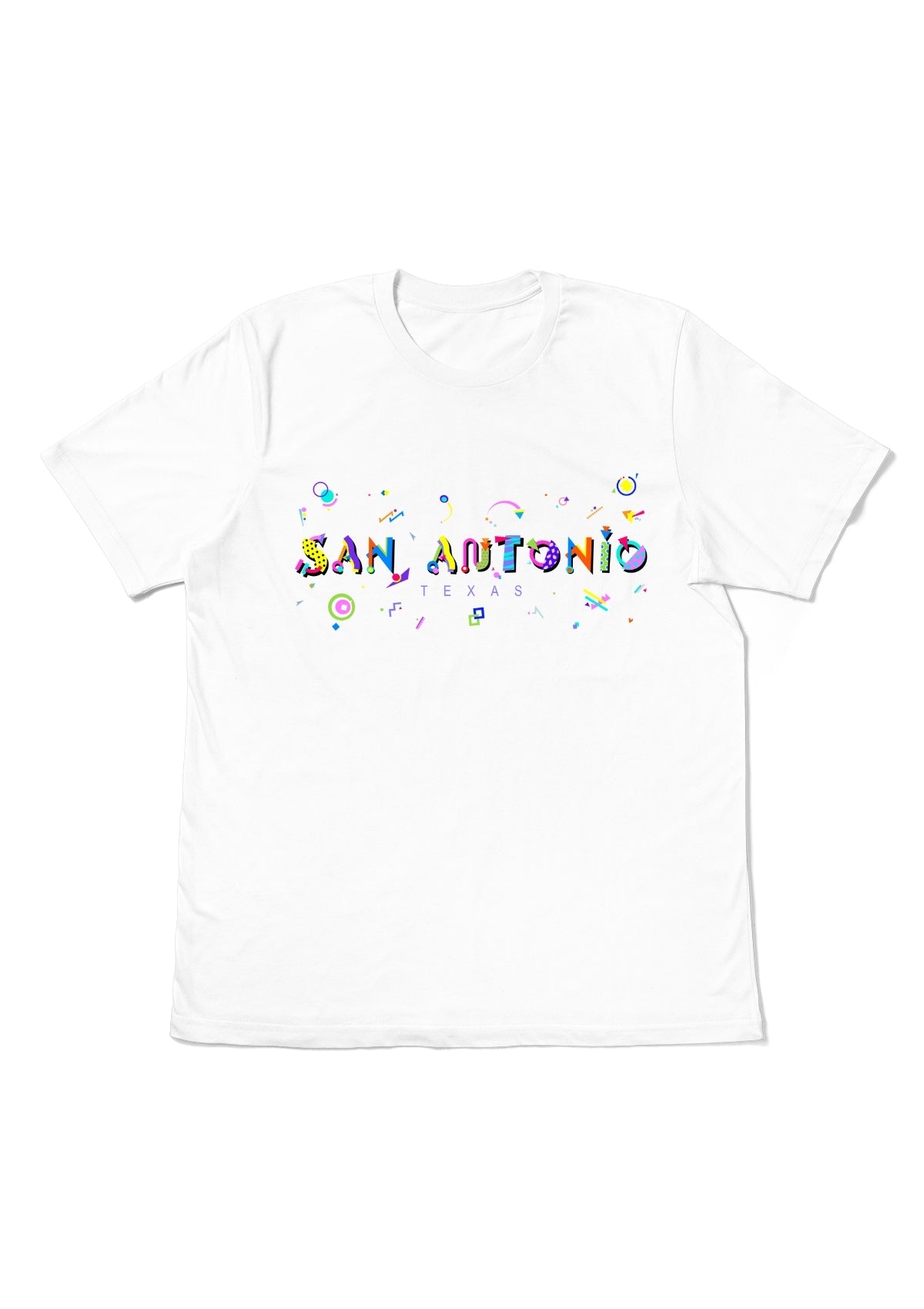 SAN ANTONIO, TEXAS, printed colorful Memphis font white flat tee