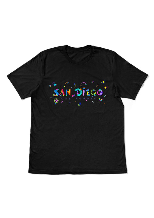 SAN DIEGO, CALIFORNIA, printed colorful Memphis style font black flat tee