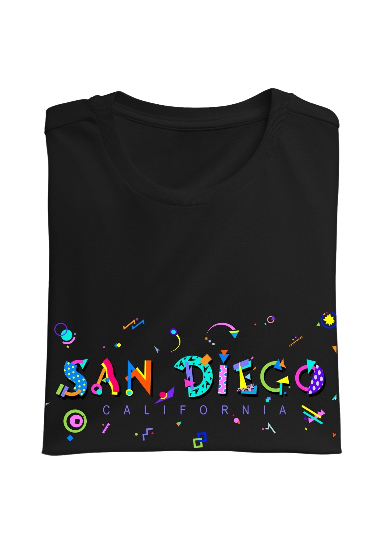 SAN DIEGO, CALIFORNIA, printed colorful Memphis font black folded tee