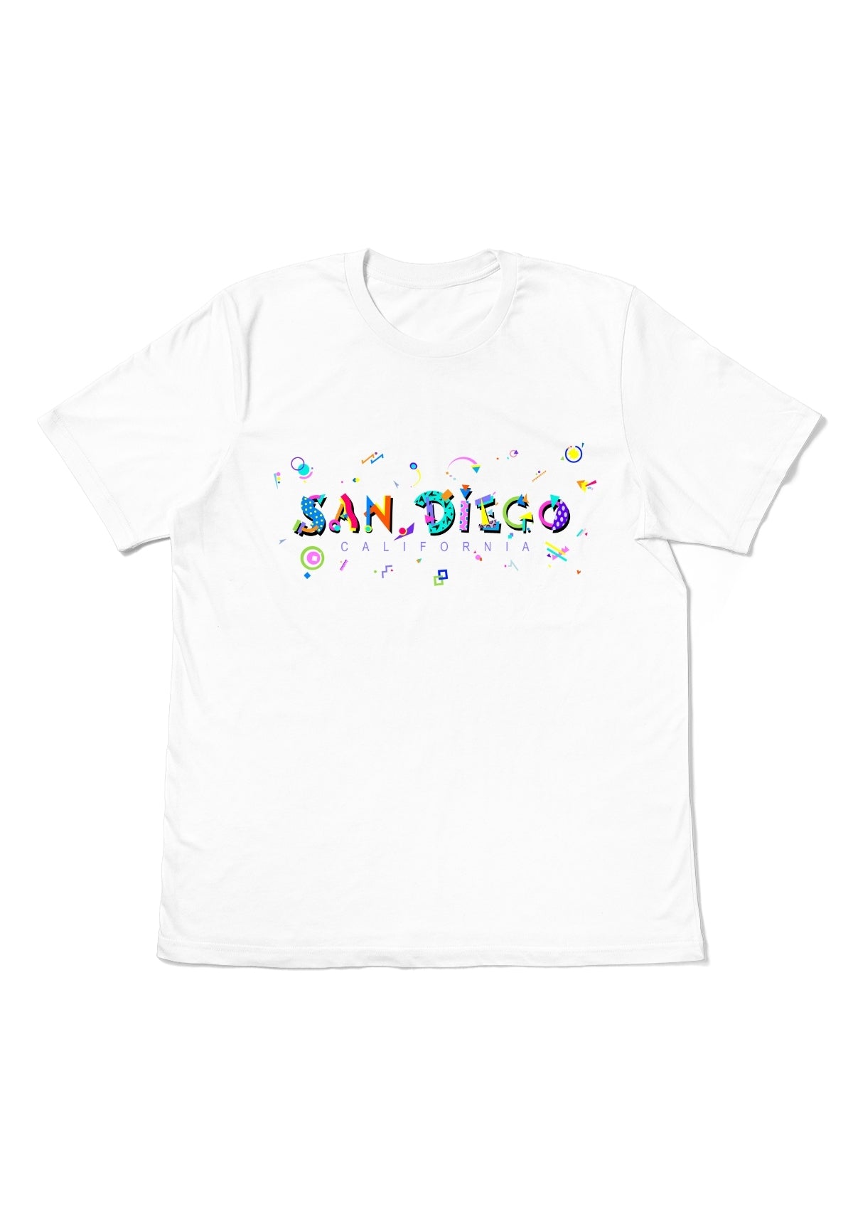 SAN DIEGO, CALIFORNIA, printed colorful Memphis font white flat tee
