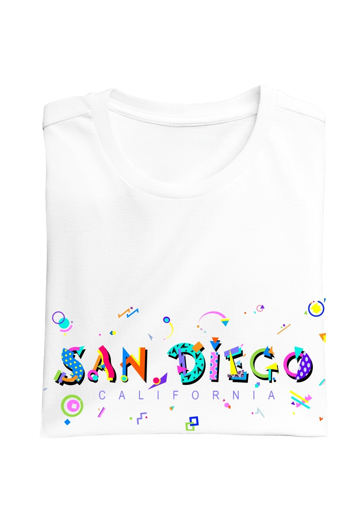 SAN DIEGO, CALIFORNIA, colorful Memphis Style Font on white folded tee