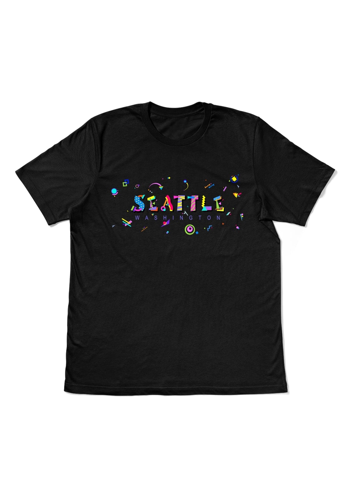 SEATTLE, WASHINGTON, printed colorful Memphis style font black flat tee