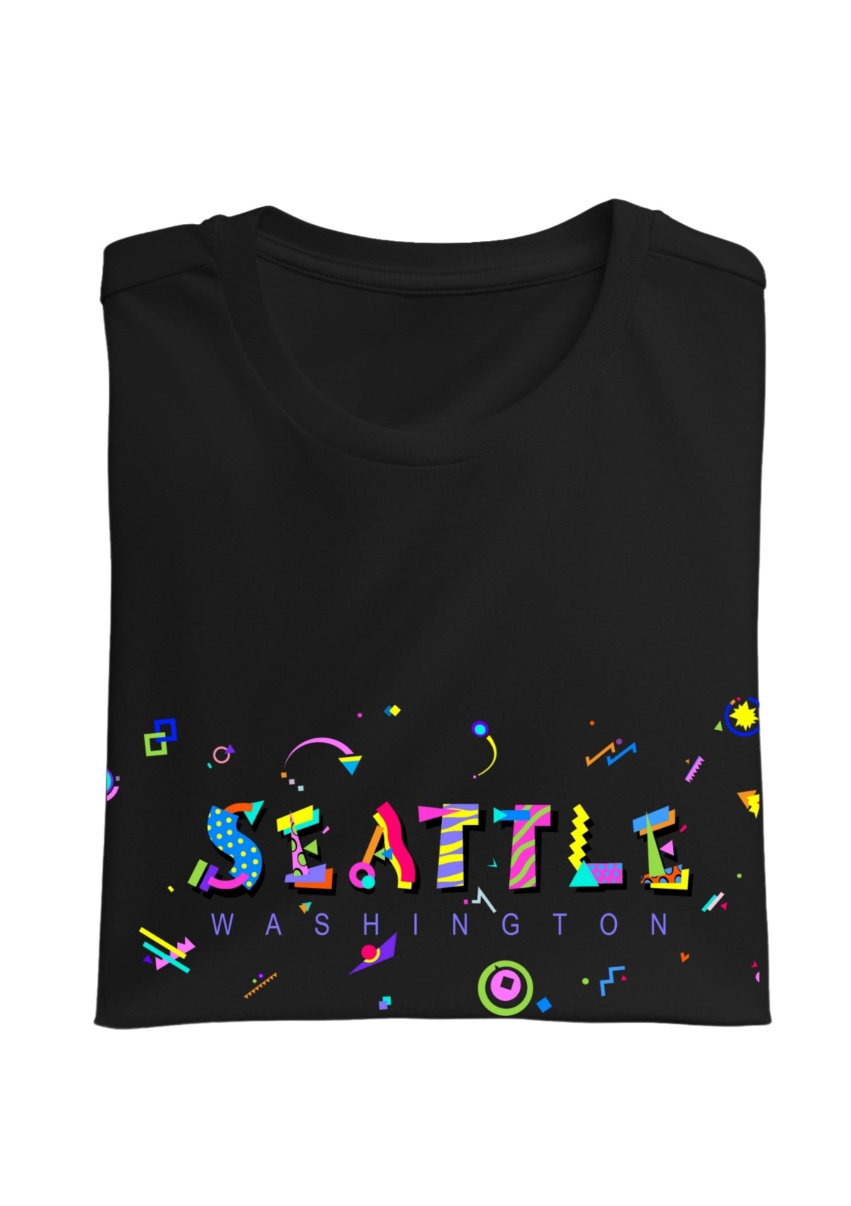 SEATTLE, WASHINGTON, printed colorful Memphis font black folded tee
