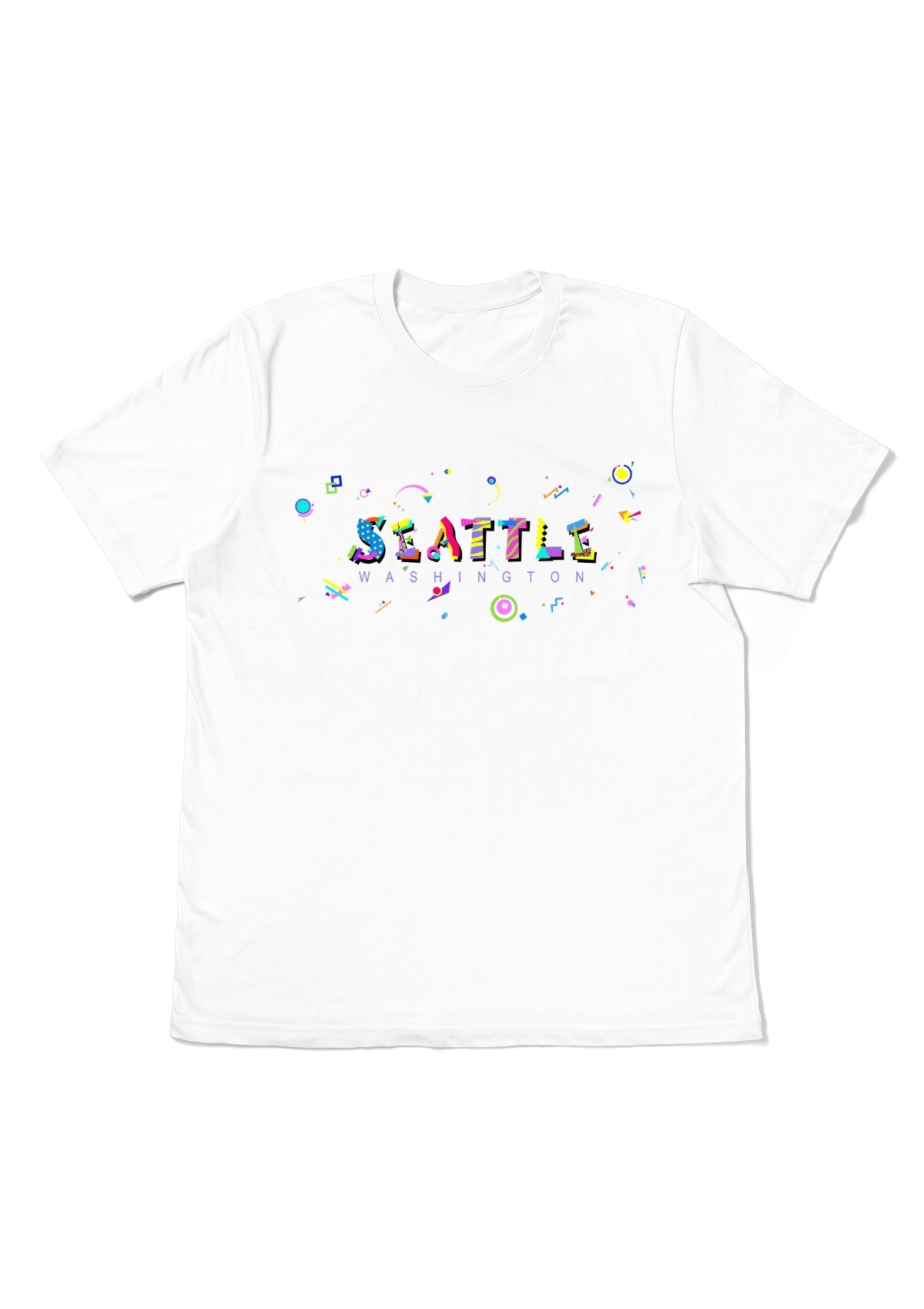 SEATTLE, WASHINGTON, printed colorful Memphis font white flat tee