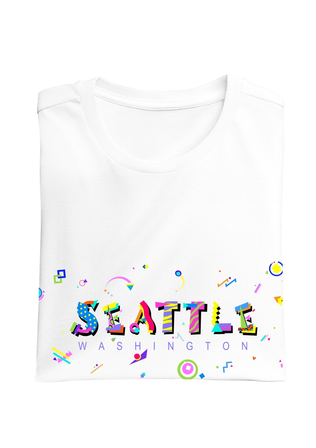 SEATTLE, WASHINGTON, colorful Memphis Style Font on white folded tee