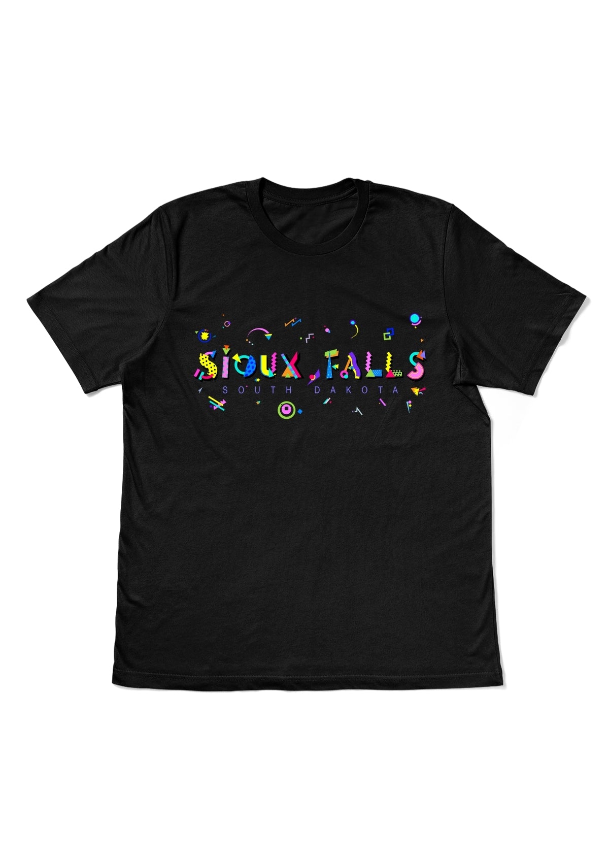SIOUX FALLS, SOUTH DAKOTA, printed colorful Memphis style font black flat tee