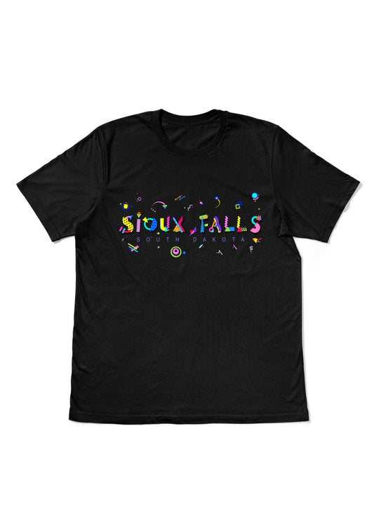 SIOUX FALLS, SOUTH DAKOTA, printed colorful Memphis style font black flat tee