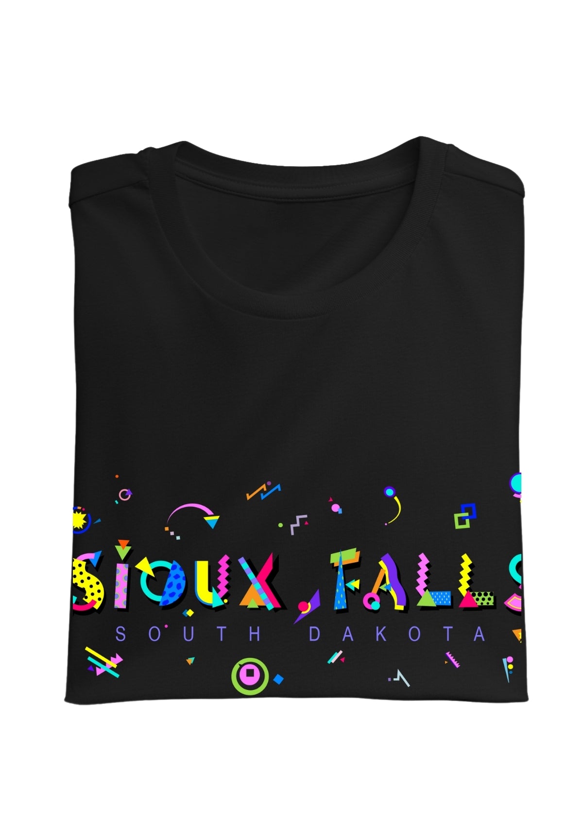 SIOUX FALLS, SOUTH DAKOTA, printed colorful Memphis font black folded tee